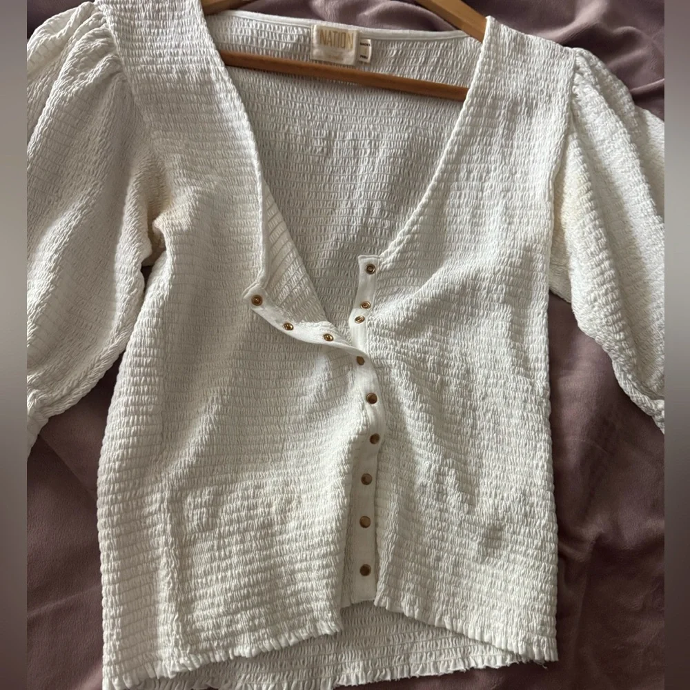 Nation Ltd Ladies White Top Popper Front Shirred Elastic Puff Sleeves Size S - Picture 5 of 9
